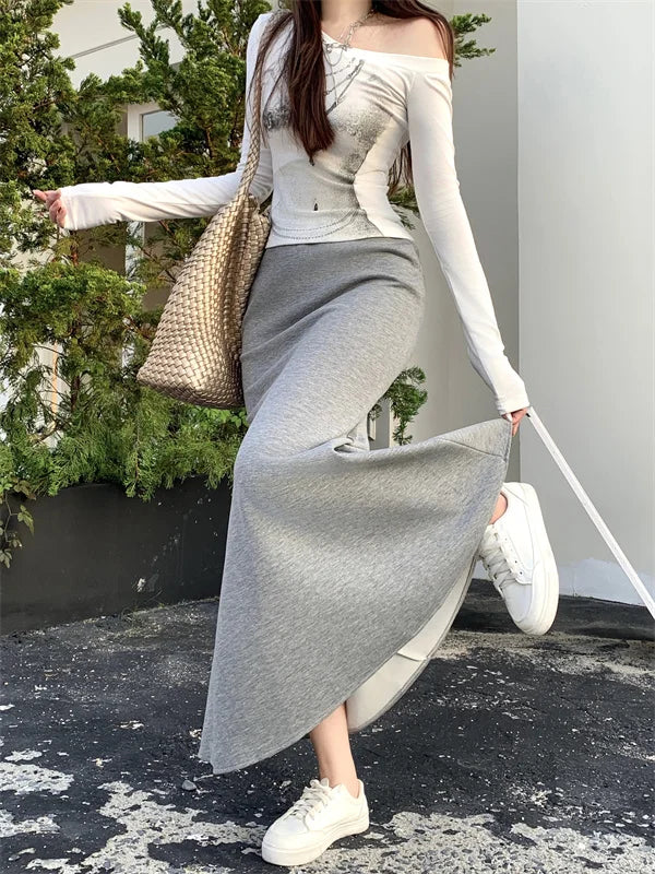 Solid Vintage Temperament Package Hip Skirts Elastic High Waist Simple Spring Autumn 2026 Fish Tail Skirt Casual Slim Long Skirt