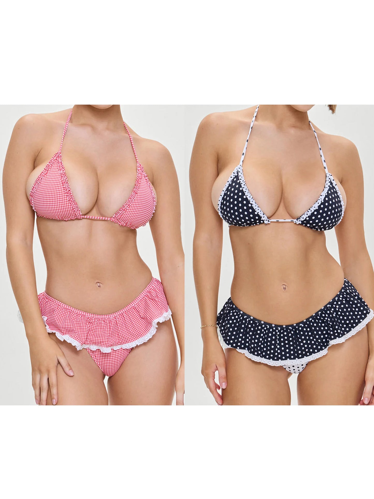 Combhasaki Women 2Piece Bikini Set Fashion Lace-up Halter Neck Frill Trim Padded Bra + Thong Skirt Swimsuits Summer Bathing Suit