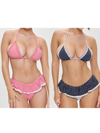 Combhasaki Women 2Piece Bikini Set Fashion Lace-up Halter Neck Frill Trim Padded Bra + Thong Skirt Swimsuits Summer Bathing Suit