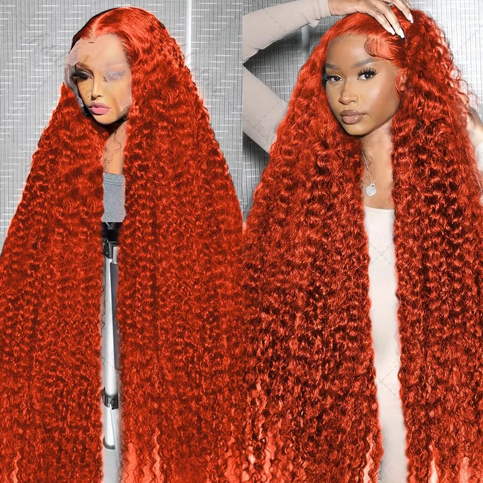 Orange colored Water wave 13x6 hd lace frontal human hair wig Preplucked deep wave 30 inch ginger lace front curly wigs on sale