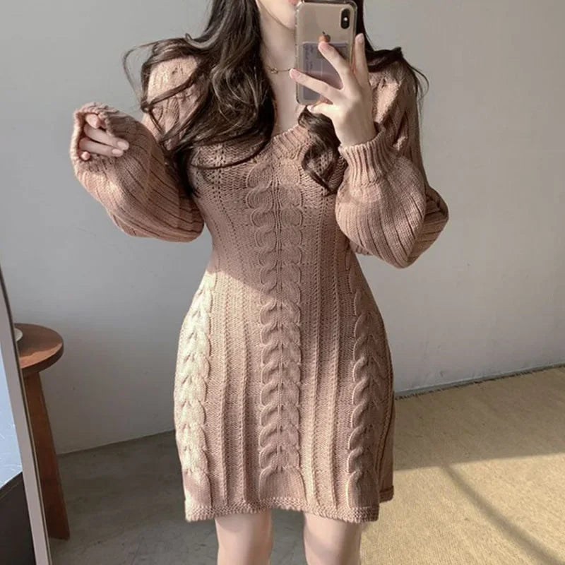 Korean Chic Autumn Gentle V-neck Linen Pattern Design Slimming Long Sleeve A- line Knitted Dress High Collar Ankle-length Dress