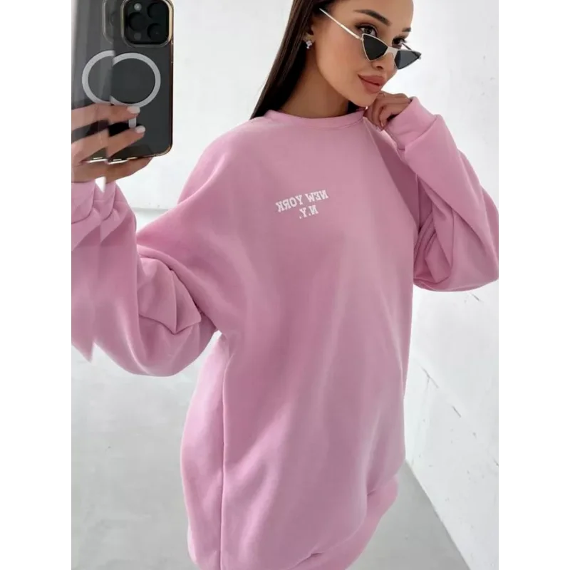 Popular Letter Printing Autumn Winter Loose Versatile Temperament Lazy Style Casual Round Neck Sweatshirt for Women