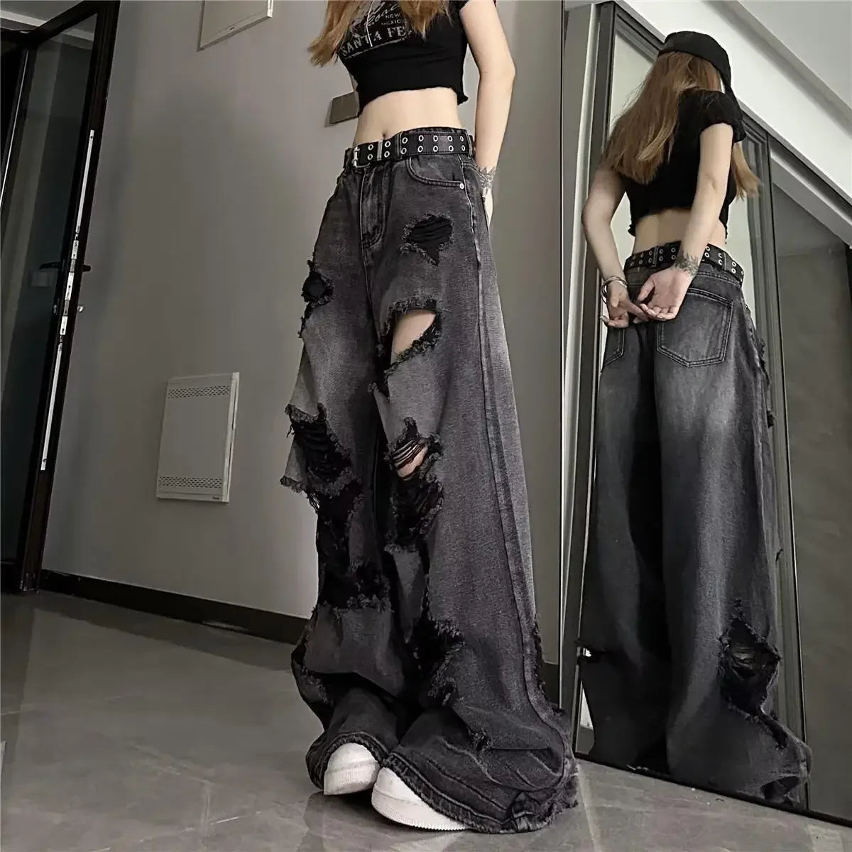 Unique Cool Ripped Jeans Women's Summer Distressed American Style Bell Bottoms Loose Fit Versatile Straight Leg Long Pants