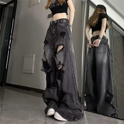 Unique Cool Ripped Jeans Women's Summer Distressed American Style Bell Bottoms Loose Fit Versatile Straight Leg Long Pants