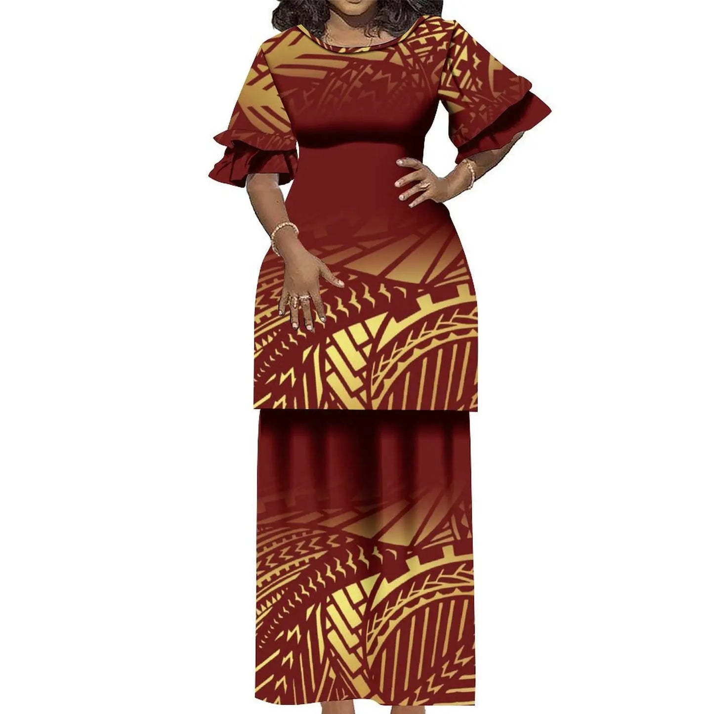 Plus Size Women 2 Piece Outfits Sets Dress New Wholesale Custom Polynesian Tribal Design Petal Sleeve Samoan Puletasi Set