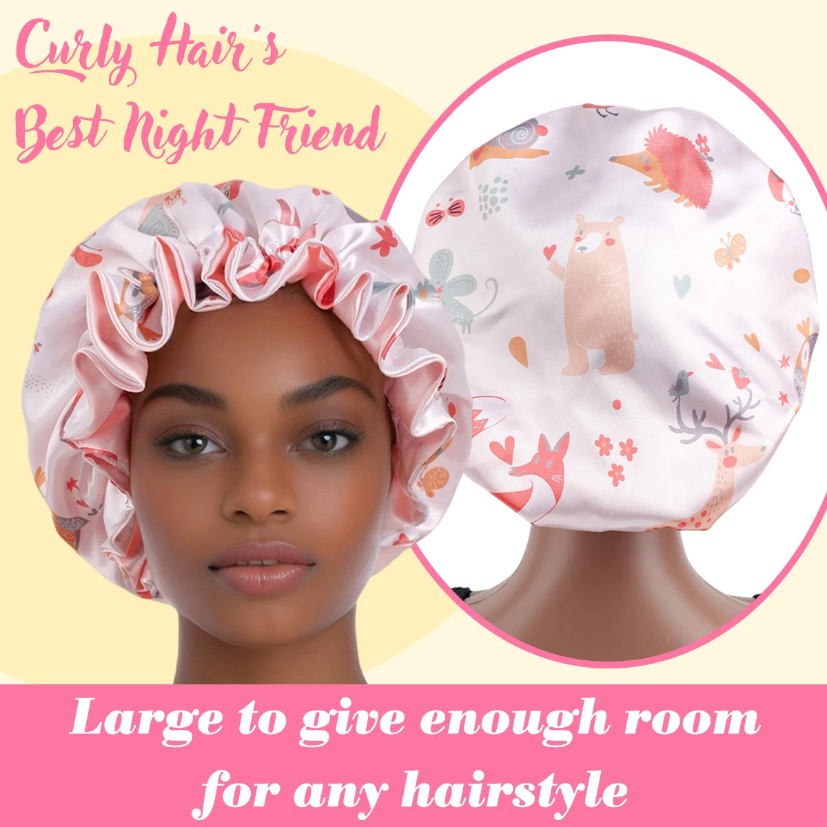1 Piece Satin Silk Sleep Cap with Fruit Animal Print Double Layer Comfortable for Daily Use
