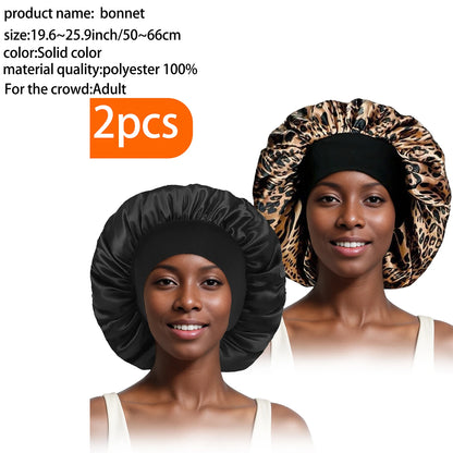 2pcs Women's Fashion Bonnet Large Wide Edge Elastic Hat Casual Silk Smooth Tint Suitable for Curled Straight Hair Sleeping Hat