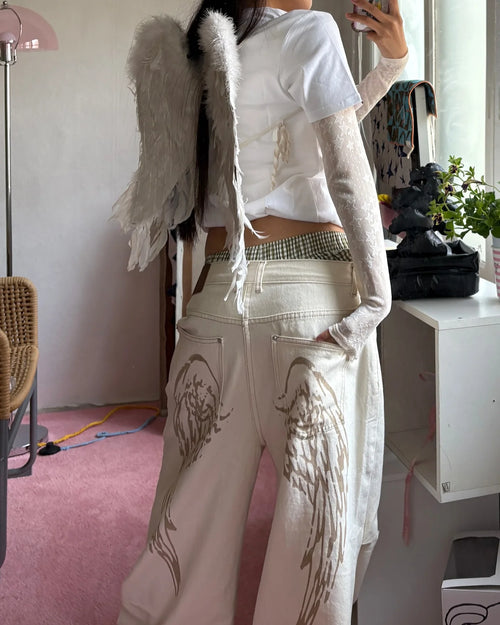 Y2k Trendy Korean Style Jeans Harajuku Retro Simple Angel Print Loose Jeans Fashion New Low Rise Solid Color Straight Leg Pants
