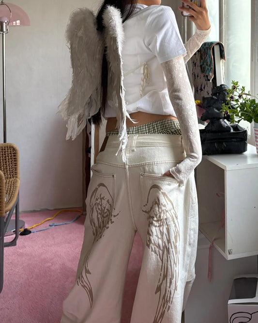Y2k Trendy Korean Style Jeans Harajuku Retro Simple Angel Print Loose Jeans Fashion New Low Rise Solid Color Straight Leg Pants