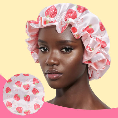 1 Piece Satin Silk Sleep Cap with Fruit Animal Print Double Layer Comfortable for Daily Use