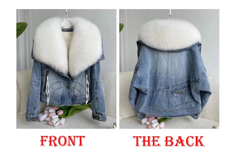 Womens Coats Spring New 100%Natural Real Fox Fur Collar Fashion Short Denim Jacket Luxury Goose Down Puffer Jackets Clothing