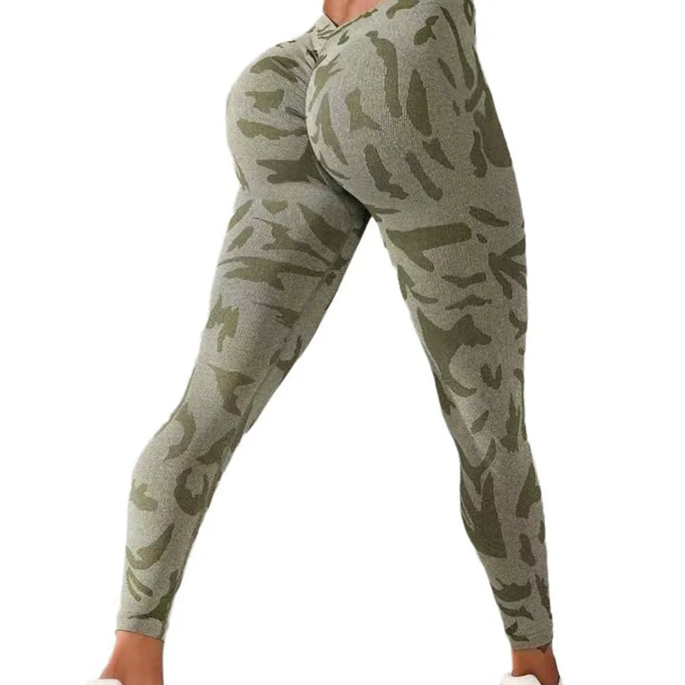 Women Camouflage V Back Gym Leggings Butt Lifting Fitness Athletic Workout Scrunch Leggins Exercise Yoga Pants Sports Clothing