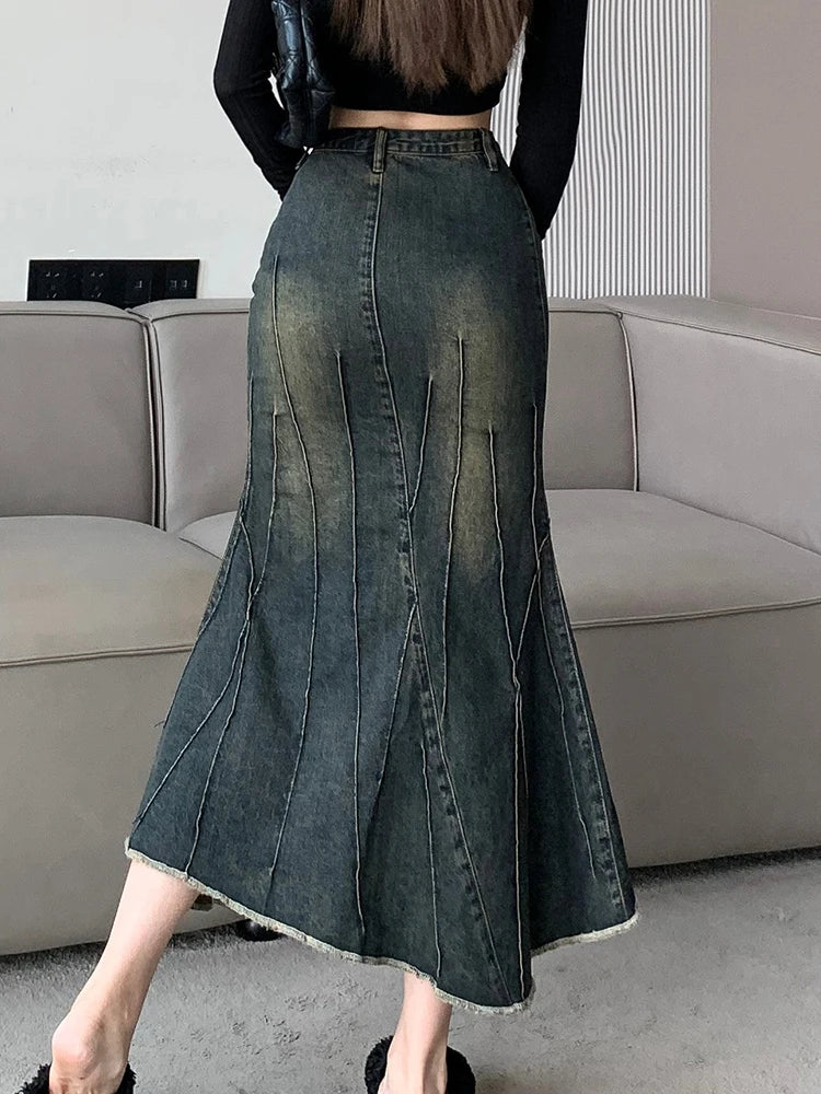 Vintage Ripped Women Mermaid Skirt 2026 New Fashion Y2K Streetwear Jeans Skirts Female Retro Casual Irregular Hip Skirts Denim