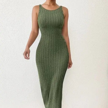 Solid Backless Tank Dress，Summer new sexy backless mid-length knitted sleeveless dress