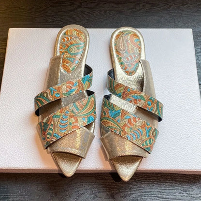 Women's sandals flat pointed Peep Toe slippers totem large size shoe snake pattern stone pattern sandals for women Flat slippers