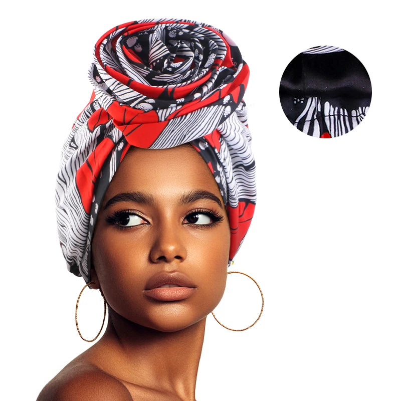 Woman African Satin Lined Turban Cap Big Flower Hat Floral Printed Headwrap Bonnet Muslim Headscarf Ladies Beanies