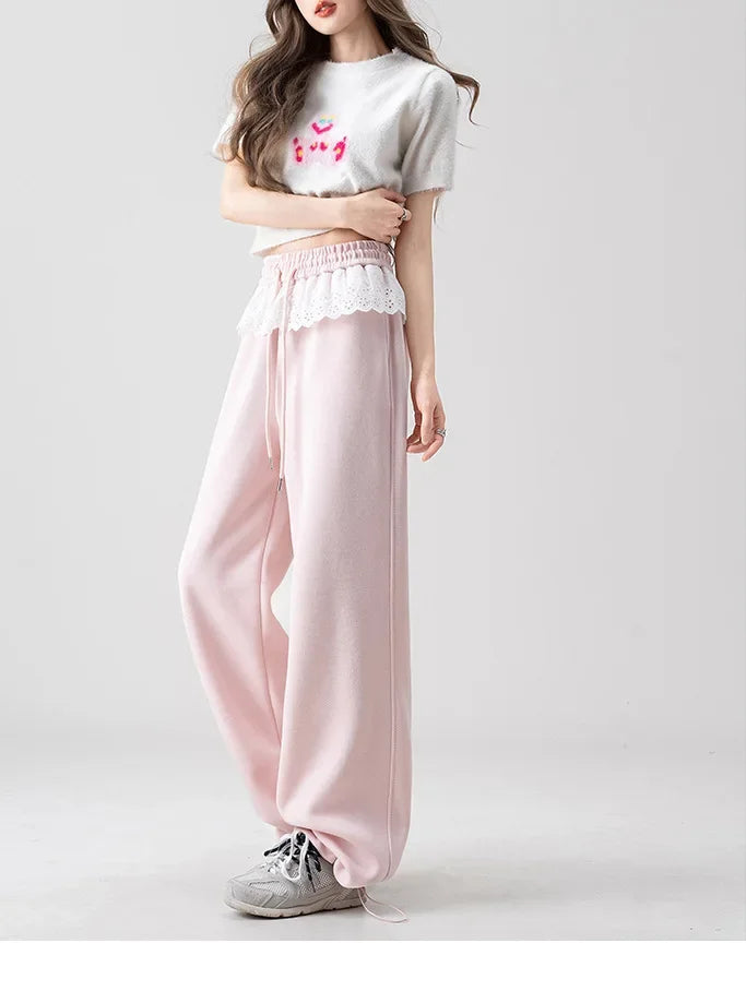 Pink Lace Splicing Design Wide Leg Pants Women's Loose Casual Sweatpants Spring New Style Slimming Effect Comfortable Fit
