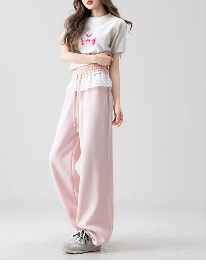 Pink Lace Splicing Design Wide Leg Pants Women's Loose Casual Sweatpants Spring New Style Slimming Effect Comfortable Fit