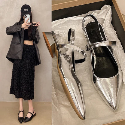 New Women Baotou Patent Leather One Line Buckle Strap Cat Heel Sandals Female Sexy Black Silk Pointed Thin Heel Flat Shoes