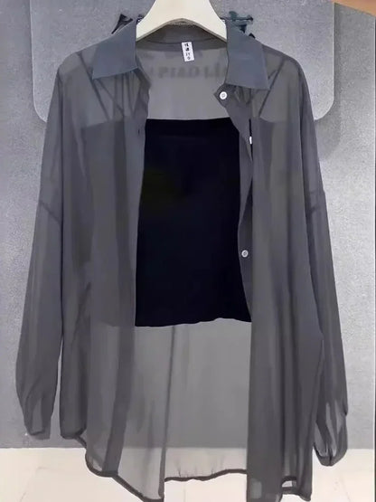 Plus Size Women’s Shirts 2025 Summer Breathable and Sun-Proof Ice Silk with Button Thin Loose Sheer Chiffon Blouses Long Sleeve