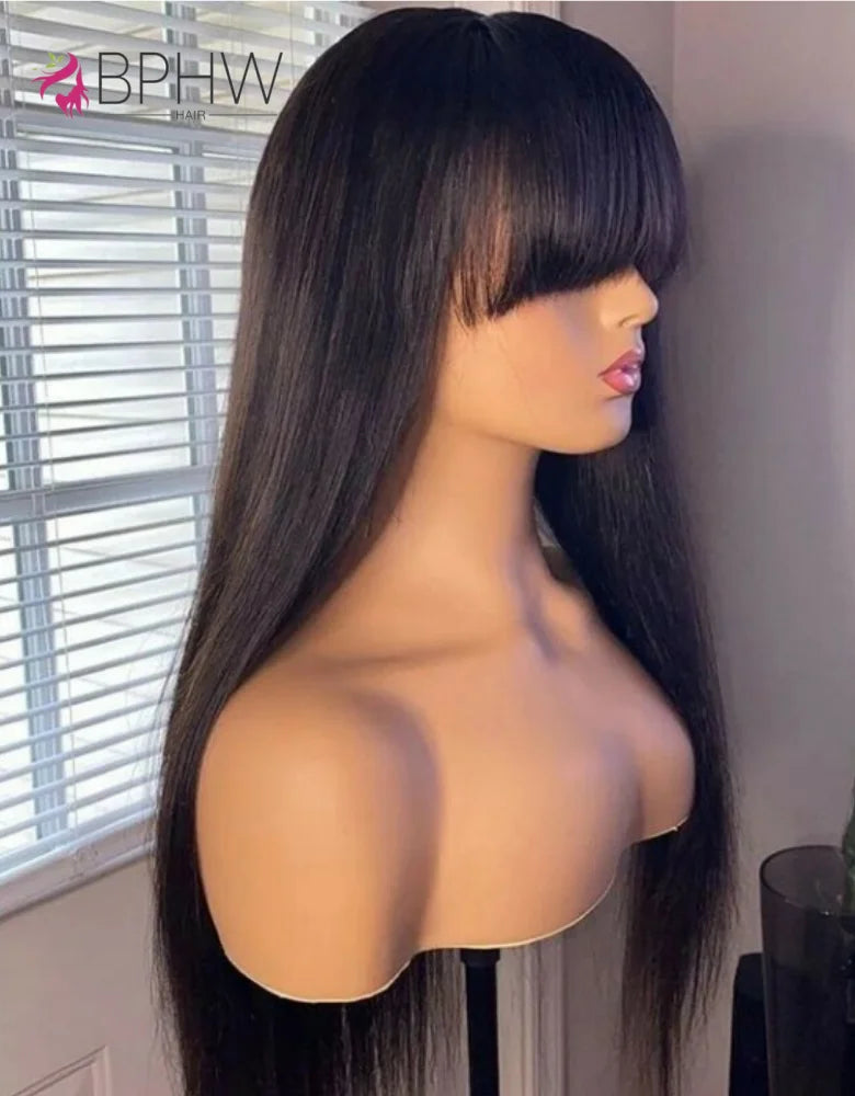 Bone Straight Cheap Wigs 180 Density Full Machine Made Human Hair Wig With Bangs On Clearance Sale Wigs For Women Wholesale BPHW