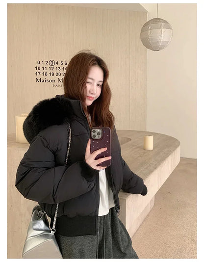 Casual Warm Fur Hooded Cropped Parkas Chic Streetwear Korean Style Down Cotton Coat Thicken Short Women's Winter 2025 Jacket