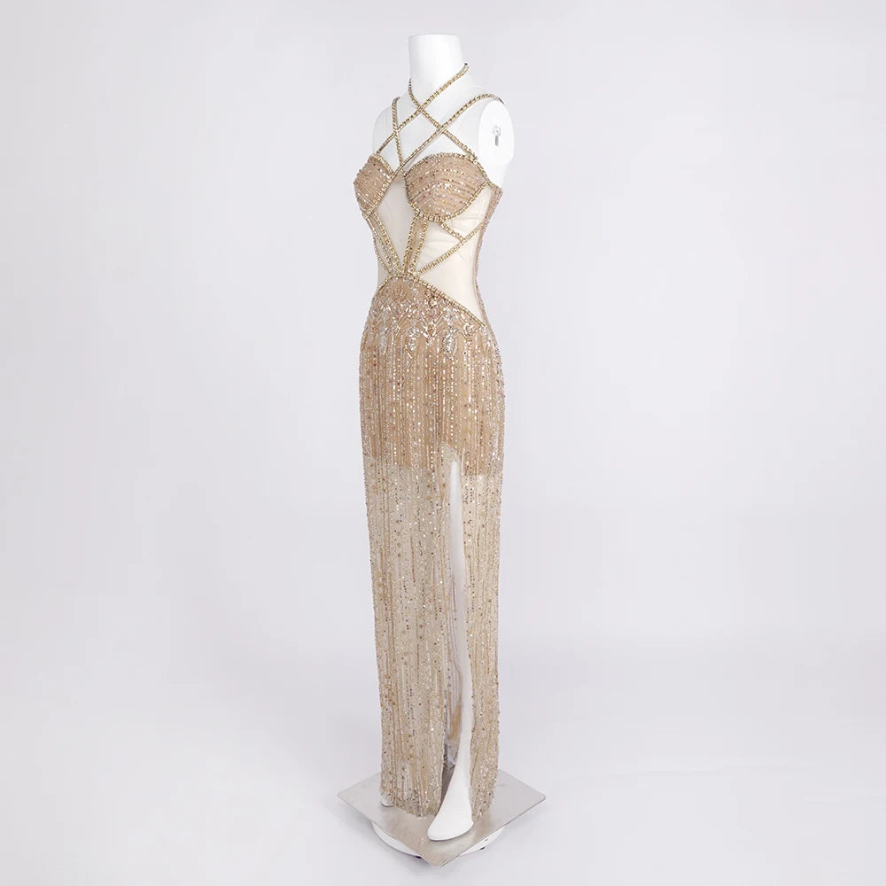 Sexy Gold Sequin Evening Dresses for Women – Luxury Crystal Beaded Prom Dress with High Slit Formal Party Mermaid Gown for Gala