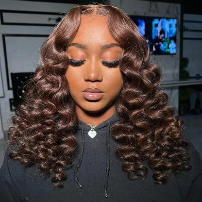 Chocolate Brown Short Bob Lace Front Loose Deep Wave 13x6 13x4 HD Lace Frontal Wigs Highlight Human Hair Colored Water Curly Wig