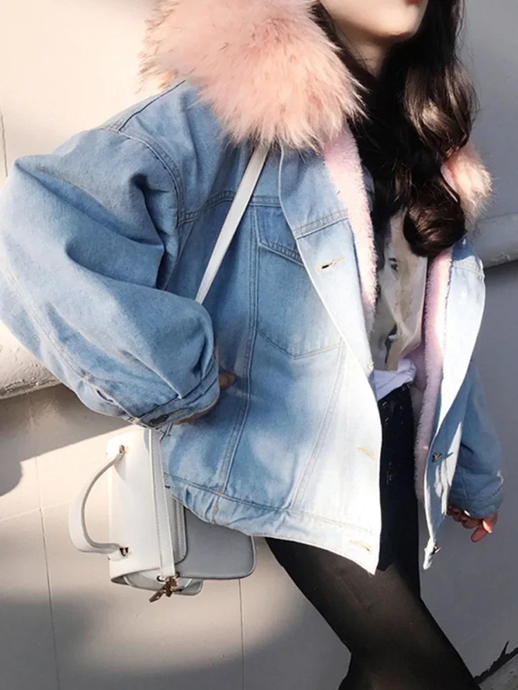 Korean Style Fleece Lined Thickened Hooded Lamb Fur Denim Jacket Women's Large Collar Versatile Cotton Coat Autumn Winter New Ar