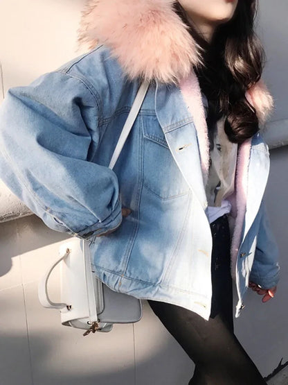 Korean Style Fleece Lined Thickened Hooded Lamb Fur Denim Jacket Women's Large Collar Versatile Cotton Coat Autumn Winter New Ar