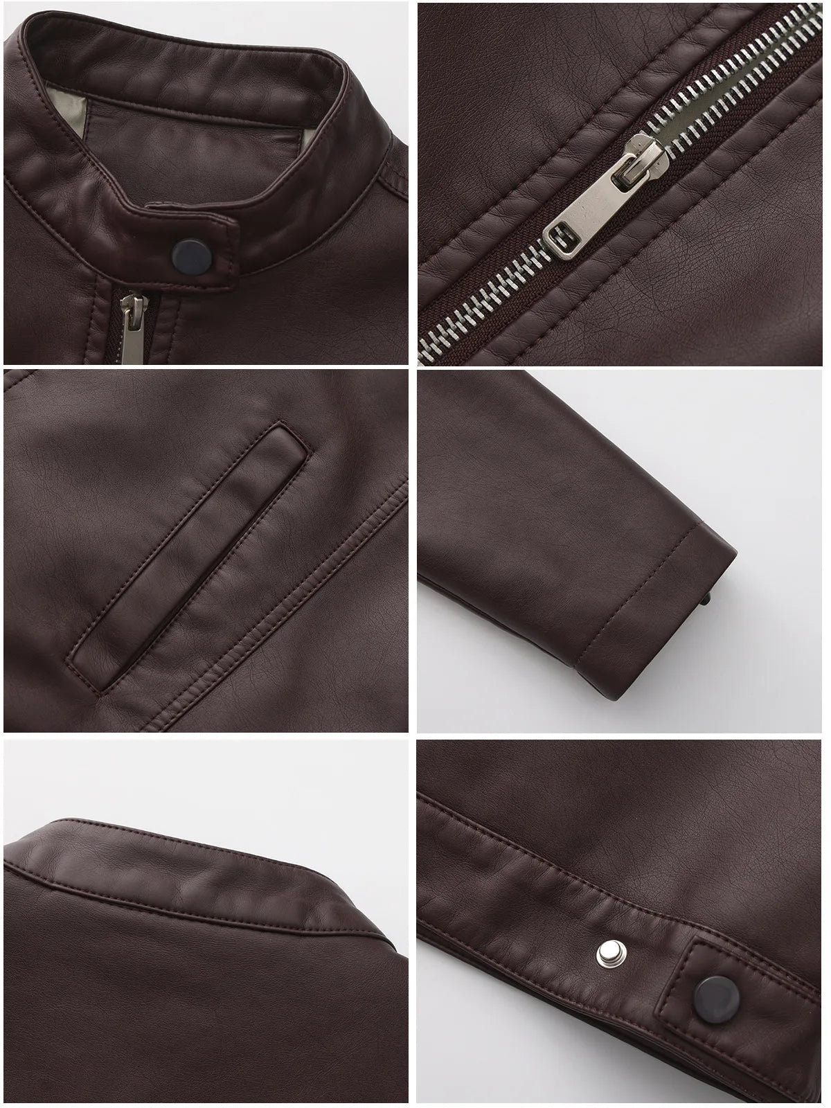 Black Women's Fitted Leather Jacket with Front Zipper & Side Pockets‌, Available in Brown, Navy Blue, and Beige.