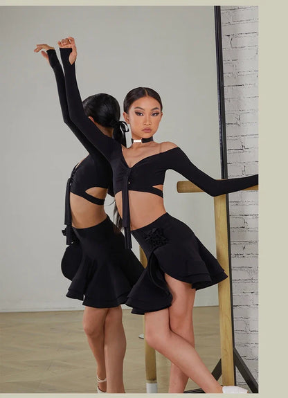 Latin Dance set Clothes Girls Long SLeeves Short Top Skirt Cha cha samba Performance Competition Dress Burgundy Black Dress Kids