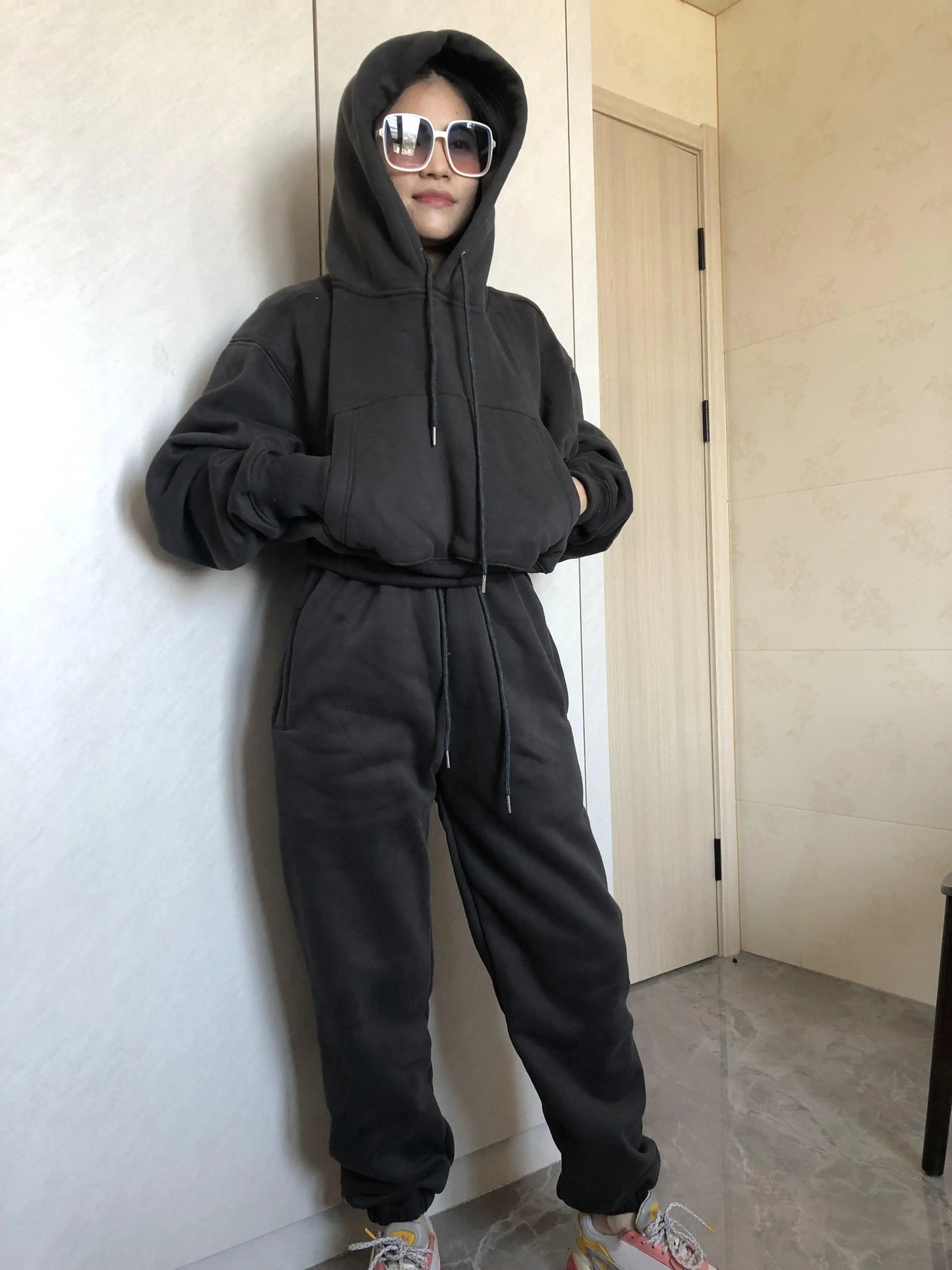 Wholesale Fleece Hoodie with Jogger Pant Sweat Suit Fall Winter 2 Piece Set Tracksuit Women Sports Outfit Two Piece Solid Casual