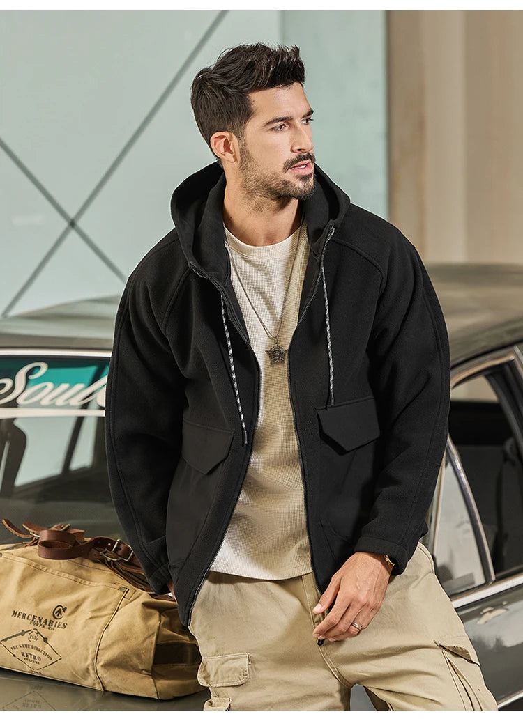 Autumn Velvet Hooded Jacket Men Outdoor Sport Techwear Loose Casual Plus Size Hoodie Cargo Jacket Outerwear Coat