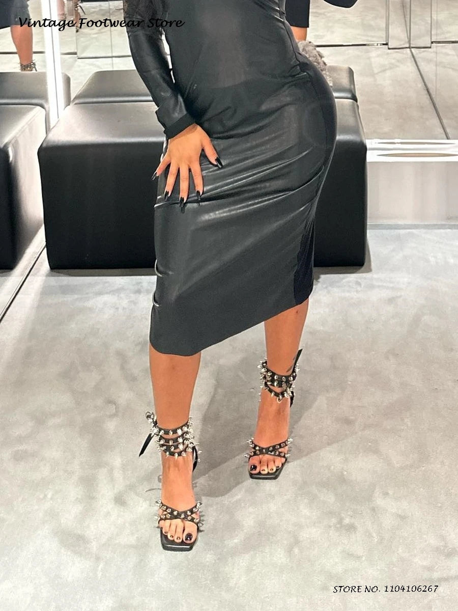 Punk Style Spikes Ankle Strap Stilettos Square Open Toe Thin High Heels Party Shoes Women's Streetwear Evening Trending Sandals