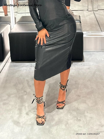 Punk Style Spikes Ankle Strap Stilettos Square Open Toe Thin High Heels Party Shoes Women's Streetwear Evening Trending Sandals