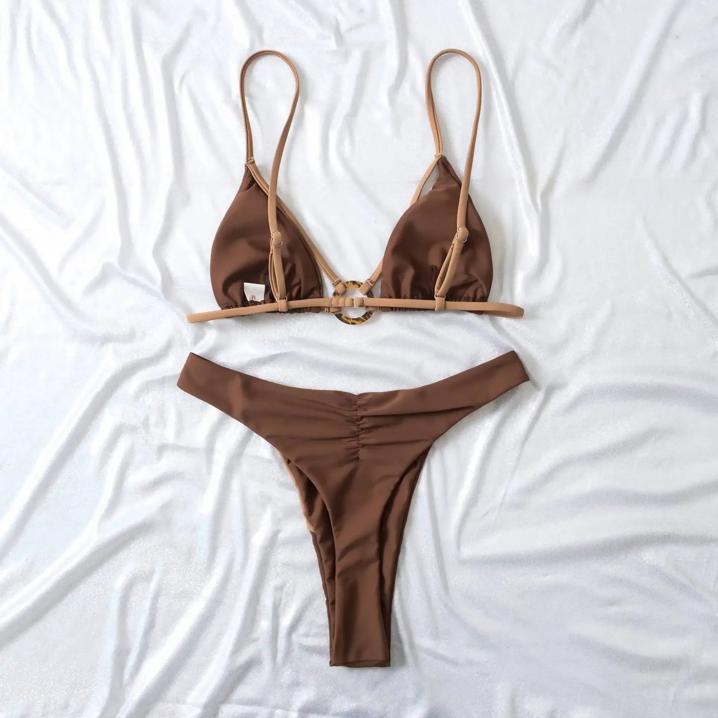 Swimwear Bikini Suit for Lady Sexy Swimsuit Women Summer Holiday Solid Sea Bra and Underwear for Swimming Brown#1#W