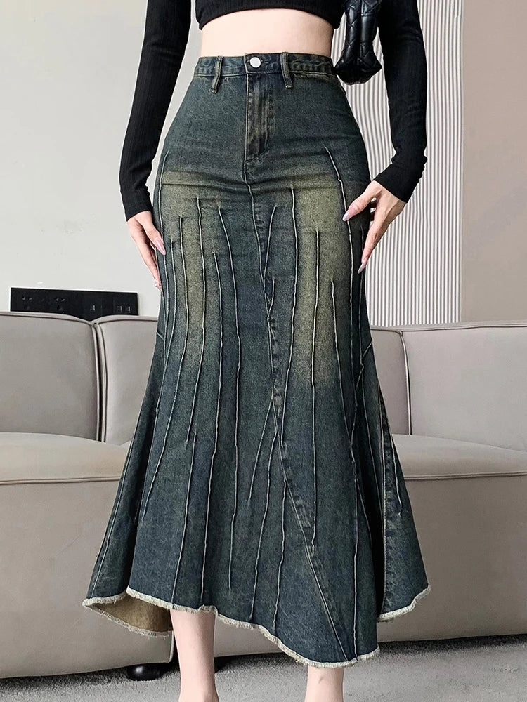 Vintage Ripped Women Mermaid Skirt 2026 New Fashion Y2K Streetwear Jeans Skirts Female Retro Casual Irregular Hip Skirts Denim