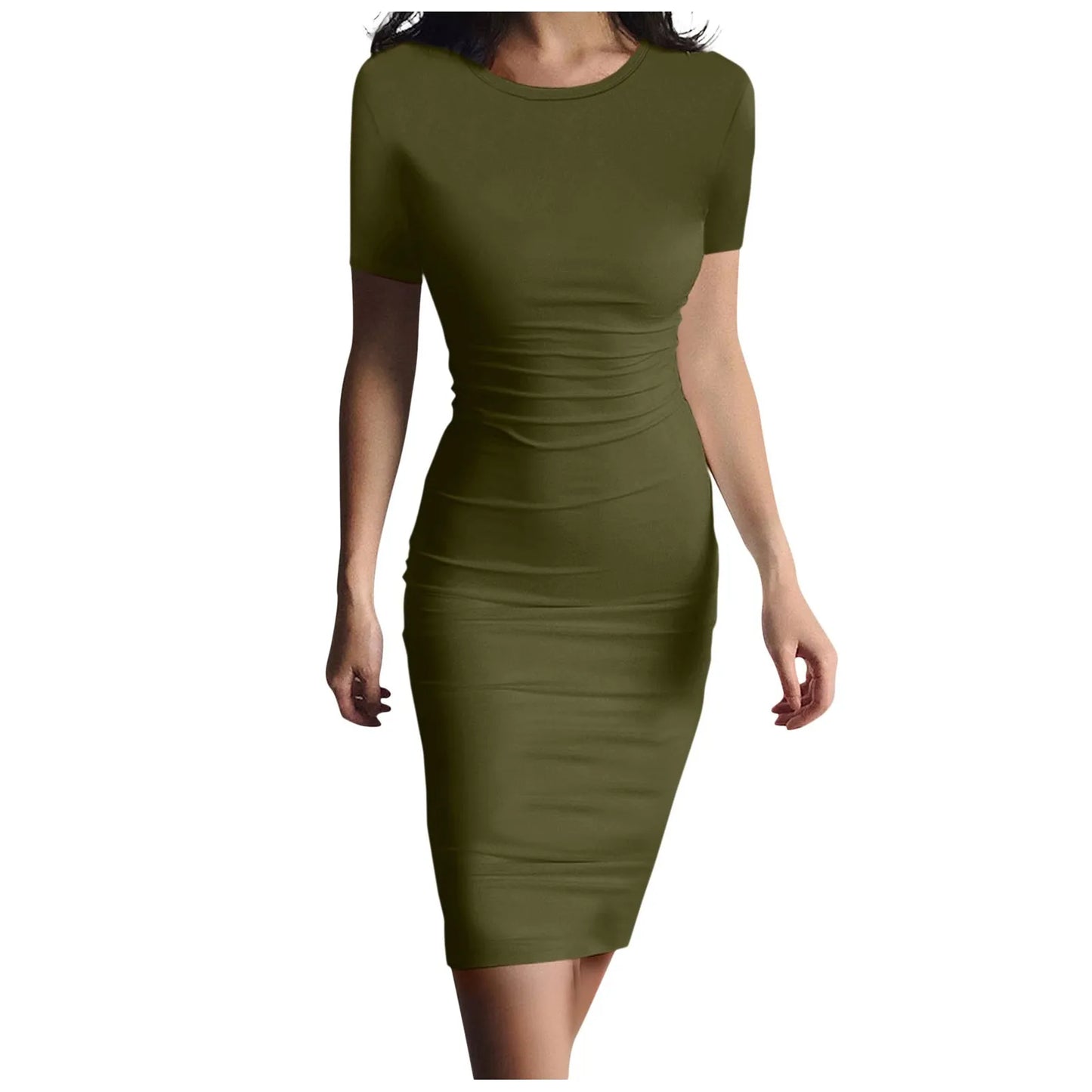 Fashion Women Short Sleeve Slim Fitting Dress Summer Solid Color Round Neck Elegant Dress Tight Robe Street Style Skinny Dress