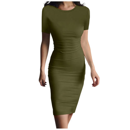 Fashion Women Short Sleeve Slim Fitting Dress Summer Solid Color Round Neck Elegant Dress Tight Robe Street Style Skinny Dress