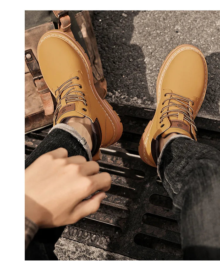 Classic Men High Top Boots High Quality Yellow Leather Boots Fashion Outdoor Sneakers Men Lace Up Non-Slip Ankle Boots for Men