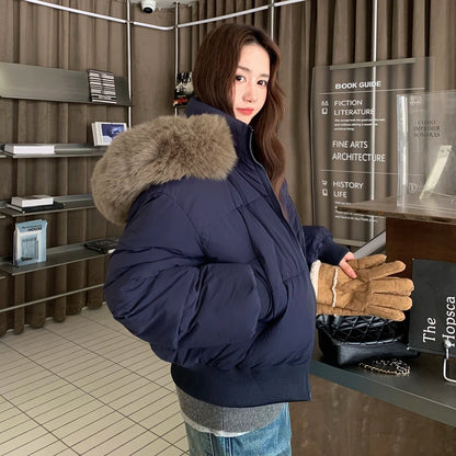 Casual Warm Fur Hooded Cropped Parkas Chic Streetwear Korean Style Down Cotton Coat Thicken Short Women's Winter 2025 Jacket