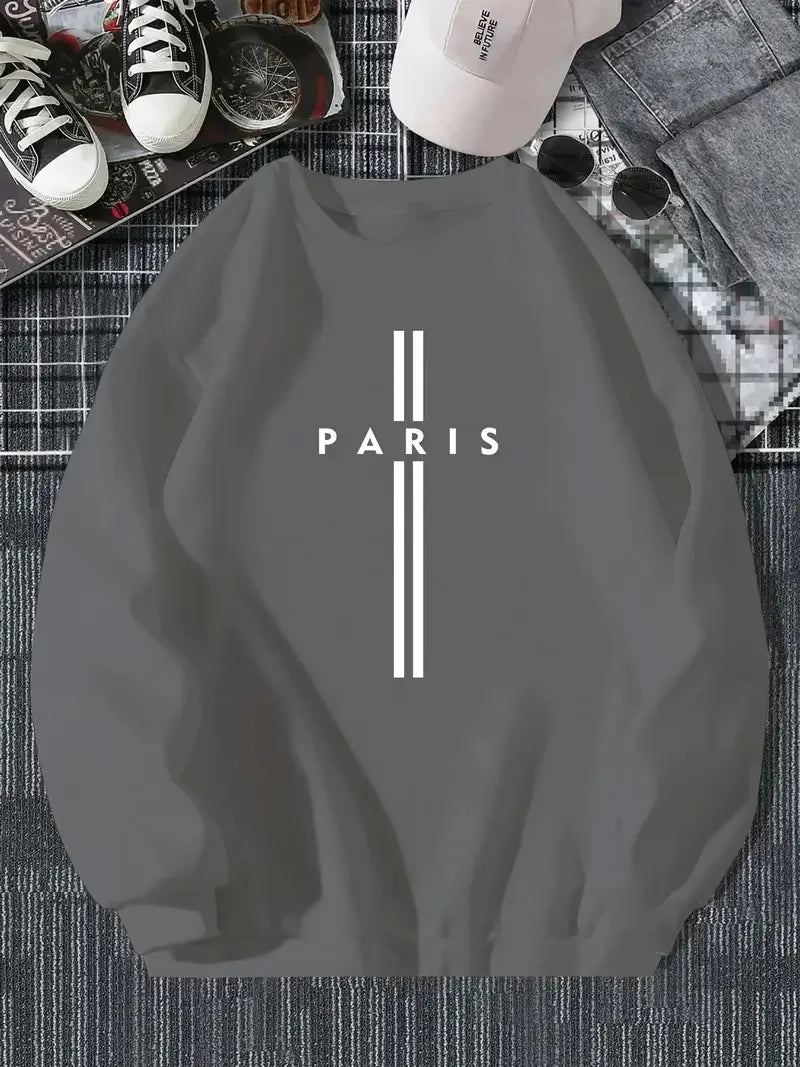 Men's autumn and winter fashionable casual loose Paris letter print fleece pullover long sleeved round neck sweatshirt