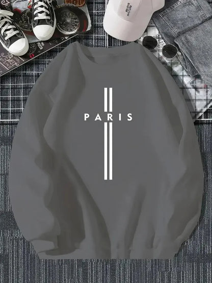 Men's autumn and winter fashionable casual loose Paris letter print fleece pullover long sleeved round neck sweatshirt