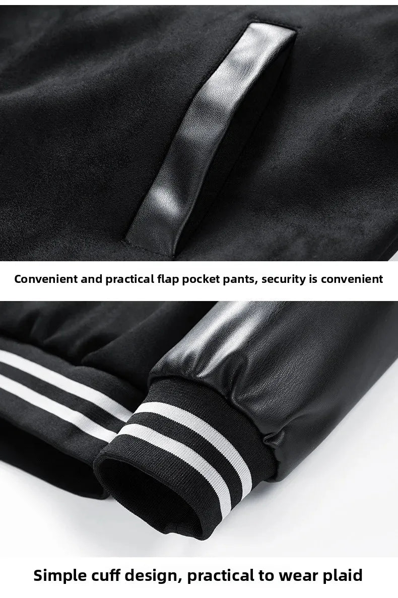 American Retro Suede Baseball Jacket Men's Spring Autumn Casual Leather Sleeve Outerwear JK819 Public Version Couple's Style