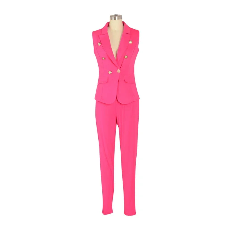 Business OL Work Wear Two Piece Pant Suits for Women Set Elegant Sleeveless Blazer Top + Pencil Pants Office Lady Matching Sets