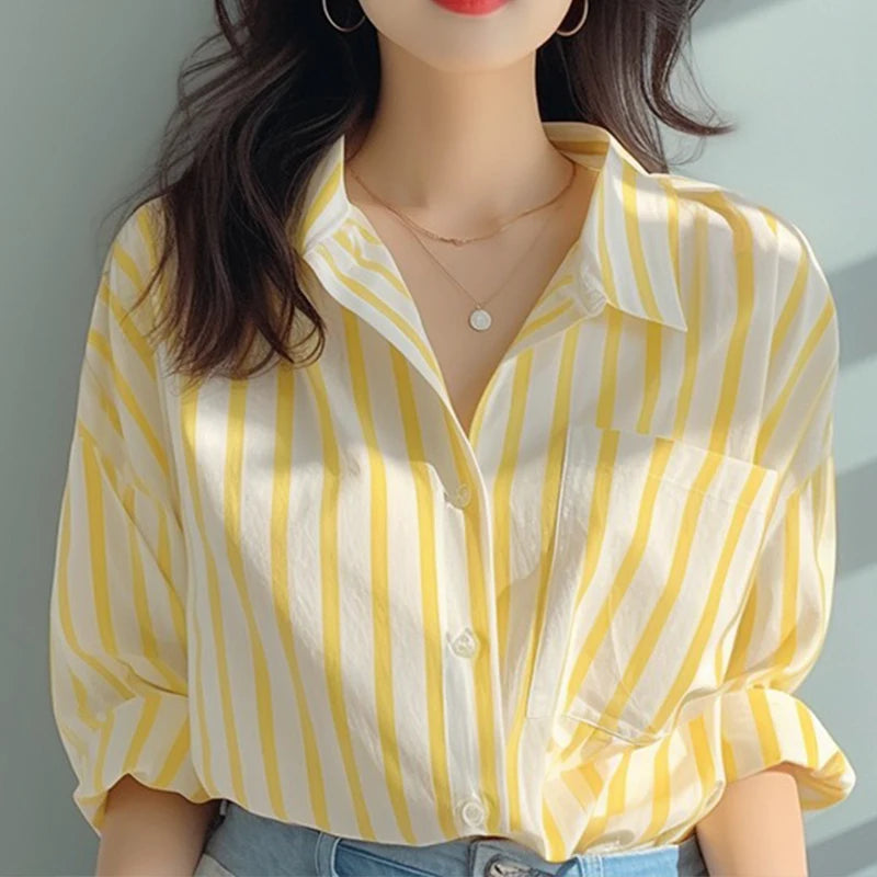 Yellow and white vertical striped shirt women spring and autumn new shirt European casual explosive long-sleeved shirt