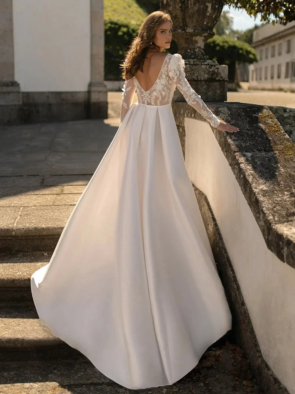 Wedding Dress for Lady Customized High Neck Long Sleeves Sequined Applique Draped A Line Satin Bridal Gown for Bride