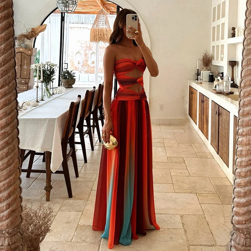 Tie-dye Gradient Hollow Out Women's Maxi Dress Elegant Off Shoulder A-line Hem Long Dresses New Summer 2026 Holiday Female Robes