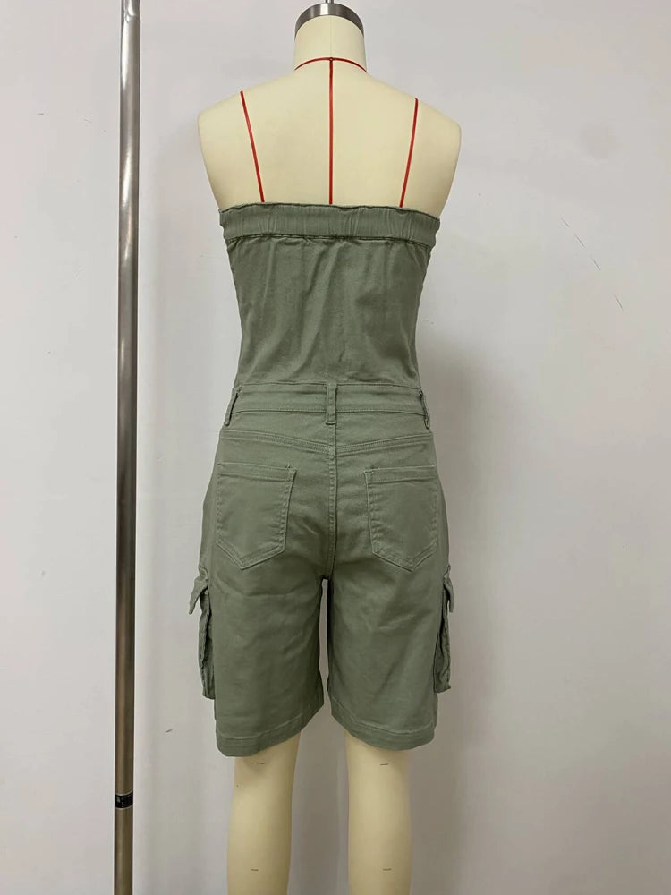 Sexy Strapless Button up Denim Romper Women Short Overalls 2025 Summer Street Casual Sleeveless Cargo Jean Jumpsuit with Pockets